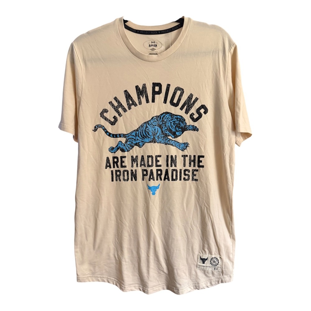 Under Armour Project Rock Iron Paradise Tiger Graphic Tee Men's Small Cream